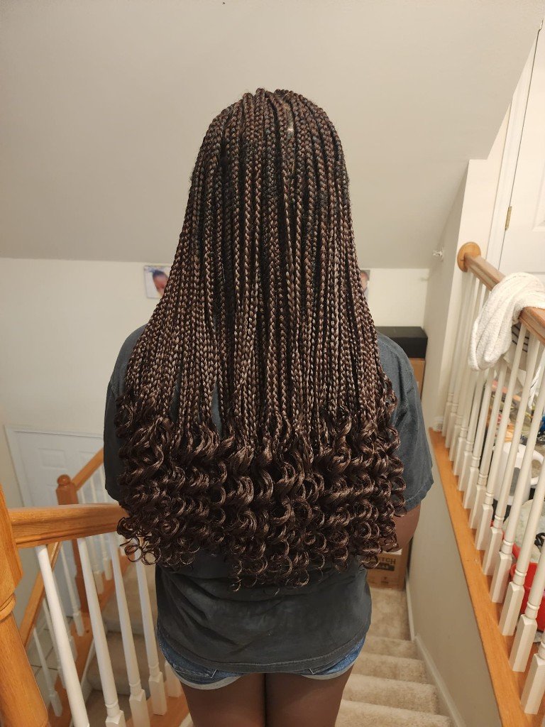 Medium brown knotless braids with curly ends, Richmond TX